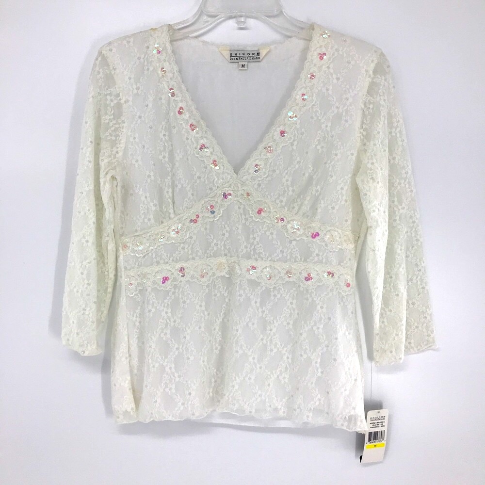 NEW Med 3/4 Sleeve Lace Sequence Off-White V neck Crochet